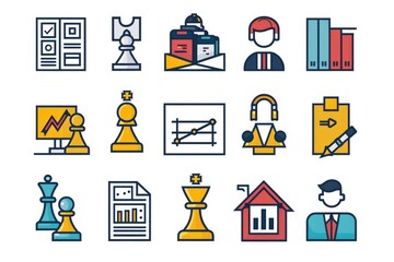 A collection of icons representing various aspects of business and finance, including money, investment, trade, and more