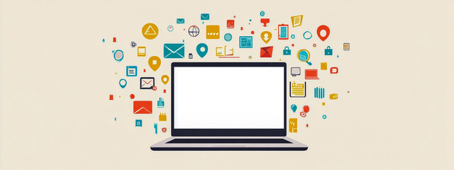 A laptop with a white screen surrounded by colorful tech, data, and internet icons.