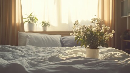 Cozy Morning Bedroom Sunlight and Flowers