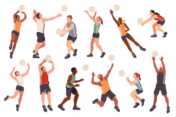 Cartoon volleyball players. Professional sport characters, men and women athletes in uniform, different dynamic poses, ball, team game, championship or tournament tidy vector isolated set