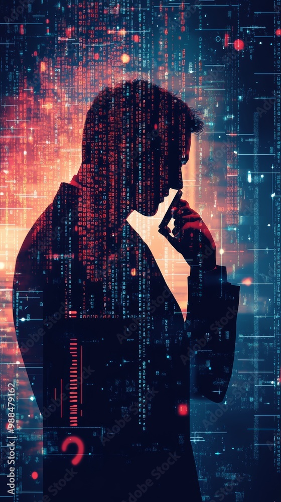 Poster Silhouette of a man with a device and a red and blue digital code matrix in the background. Concept of programming and digital data.