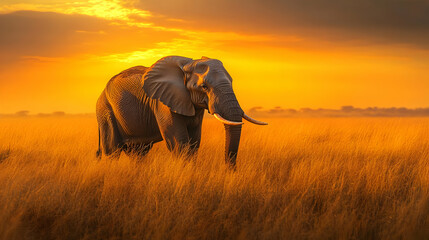 Naklejka premium Majestic elephant standing in golden grasslands during sunset, showcasing the beauty of nature.