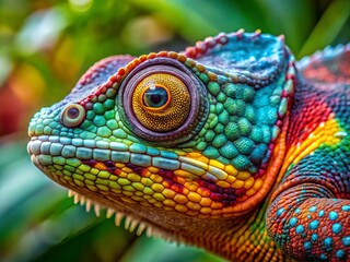 Fototapeta premium * Close-up shot of a panther chameleon showcasing its radiant colors and detailed markings in a kaleidoscope pattern.