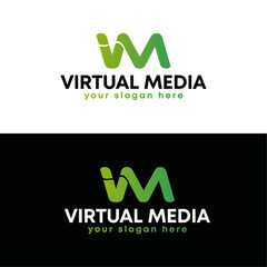 VM logo design with green gradient on white and black backgrounds. Template for branding, banner, or print.