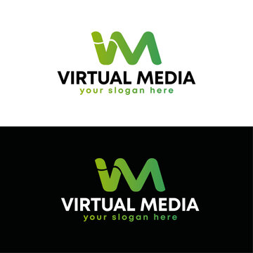 VM logo design with green gradient on white and black backgrounds. Template for branding, banner, or print.