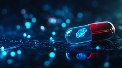 Futuristic capsule on a glossy surface, anatomy hologram floating in blue neon light, a symbol of a medical breakthrough, high-tech and minimalistic