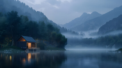 Fototapeta premium Imagine a serene cabin with misty mountain lake views at dusk, ideal for a tranquil nature retreat in the peaceful forest. The scenery is picturesque and perfect for relaxation
