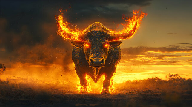 A powerful bull engulfed in flames against a dramatic sunset background.