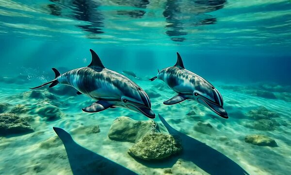 Four Dolphins Underwater, Side View