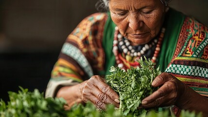 Indigenous women gathering plants for traditional medicine, celebrating ancestral knowledge