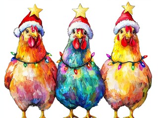 Three bright chickens wearing Christmas red hats and lights around their necks, on a white background