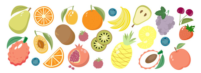 Set of fruits and berries, organic vitamins and healthy food. On a white background. Sticker collection.