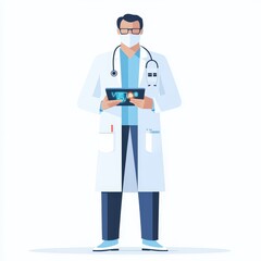 Fototapeta premium Modern Doctor with Health Data Tablet - Vector Flat Style Medical Illustration