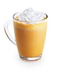 Pumpkin latte with whipped cream isolated on white background. With clipping path.