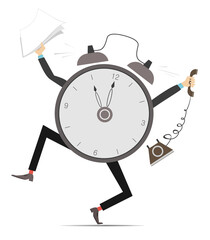 Time concept. Deadline.
Cartoon alarm clock in panic. Cartoon alarm clock holds a papers and old telephone
