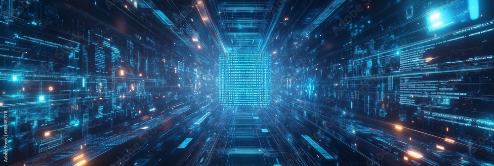 Aufkleber Long digital corridor filled with streaming code and data. Concept of coding and cyber networks.