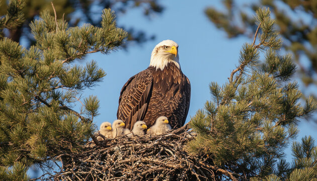 Adult bald eagle standing guard over young eaglets in nest