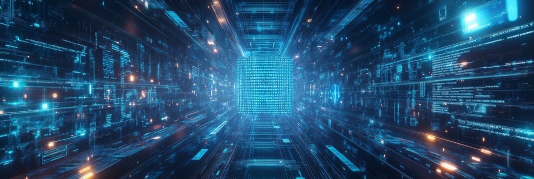 Long digital corridor filled with streaming code and data. Concept of coding and cyber networks.
