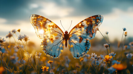 A stunning butterfly resting on vibrant flowers under a bright sky, showcasing nature's beauty and colors.