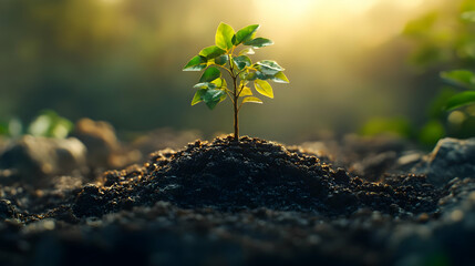 Young plant sprouting from rich soil in a sunlit environment, symbolizing growth and renewal.