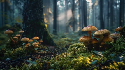Fototapeta premium A cluster of mushrooms grows on the forest floor, surrounded by lush green vegetation