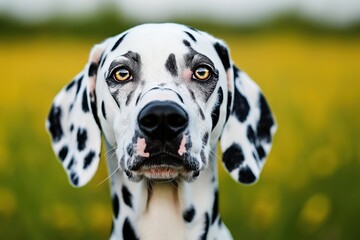 A close-up portrait photo of a Dalmatian dog looking at the camera, isolated against a blurred background.