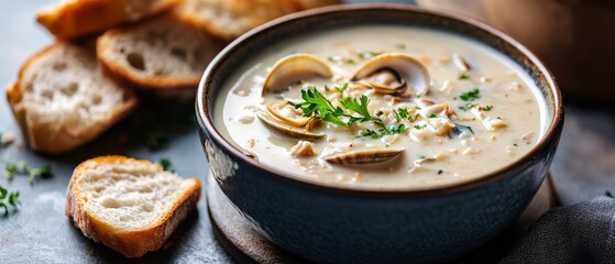 Creamy Clam Chowder with Crusty Bread.