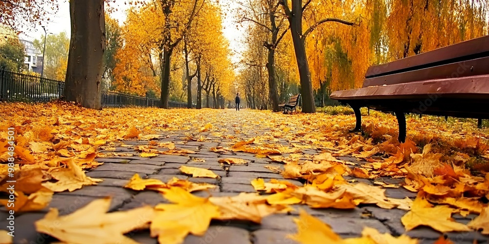 Wall mural Golden leaves blanket the cobblestone path in an autumnal park.