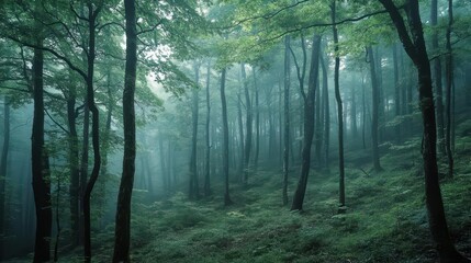 Obraz premium Serene Misty Forest with Tall Trees and Lush Greenery in Early Morning Light