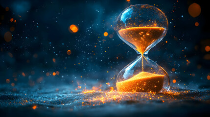 An artistic hourglass with glowing sand particles, creating a sense of time flowing in a mystical atmosphere.