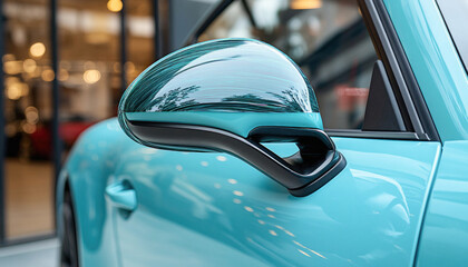 Turquoise sports car reflecting in showroom window