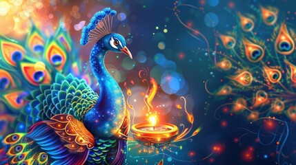 Fototapeta premium A majestic peacock holds a lit candle, symbolizing beauty and enlightenment