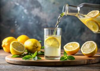 Fototapeta premium Freshly squeezed lemon juice is poured from a glass bottle into a clear glass, where a slice of