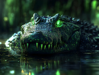 Fototapeta premium A fierce crocodile with glowing green eyes lurking in dark waters surrounded by exotic vegetation.