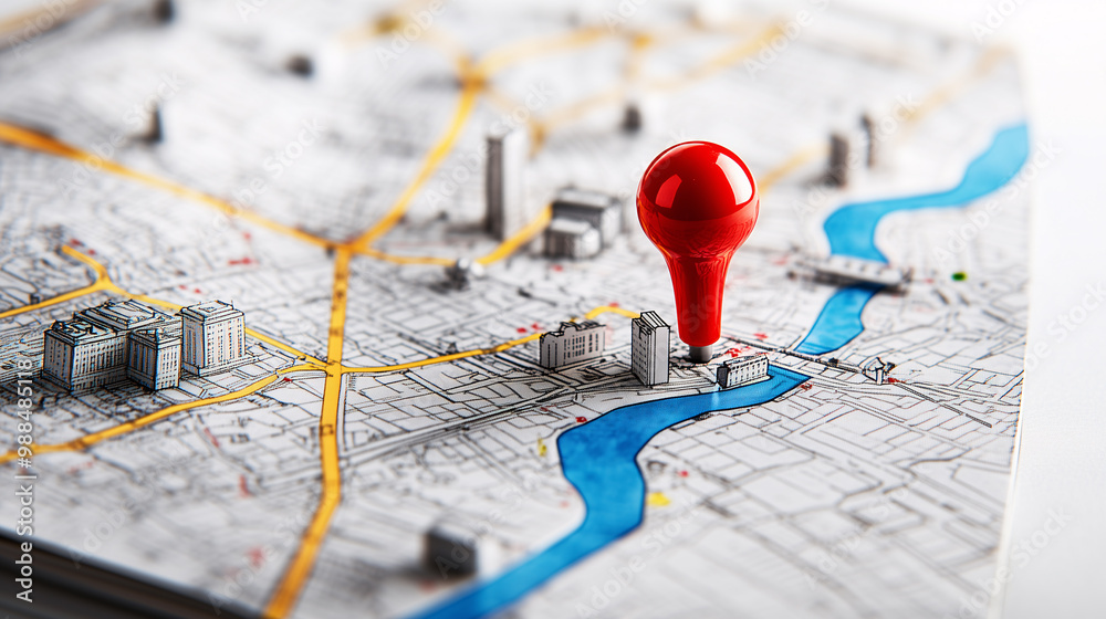Wall mural red pin is marking a specific location on a 3d city map with buildings and a river