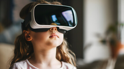 Naklejka premium A small child girl or boy wearing virtual glasses plays virtual games. AI Generated