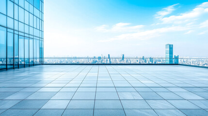Fototapeta premium Panoramic skyline view from empty rooftop with glass building facade