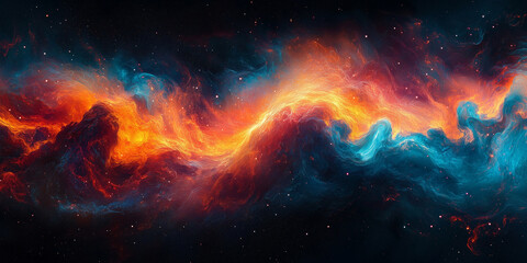 Vibrant cosmic clouds in hues of orange and blue with bright centers, resembling a nebula in space. Ideal for backgrounds, wallpapers, or sci-fi themes.