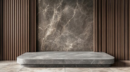 Marble Platform with Wood Panel Background