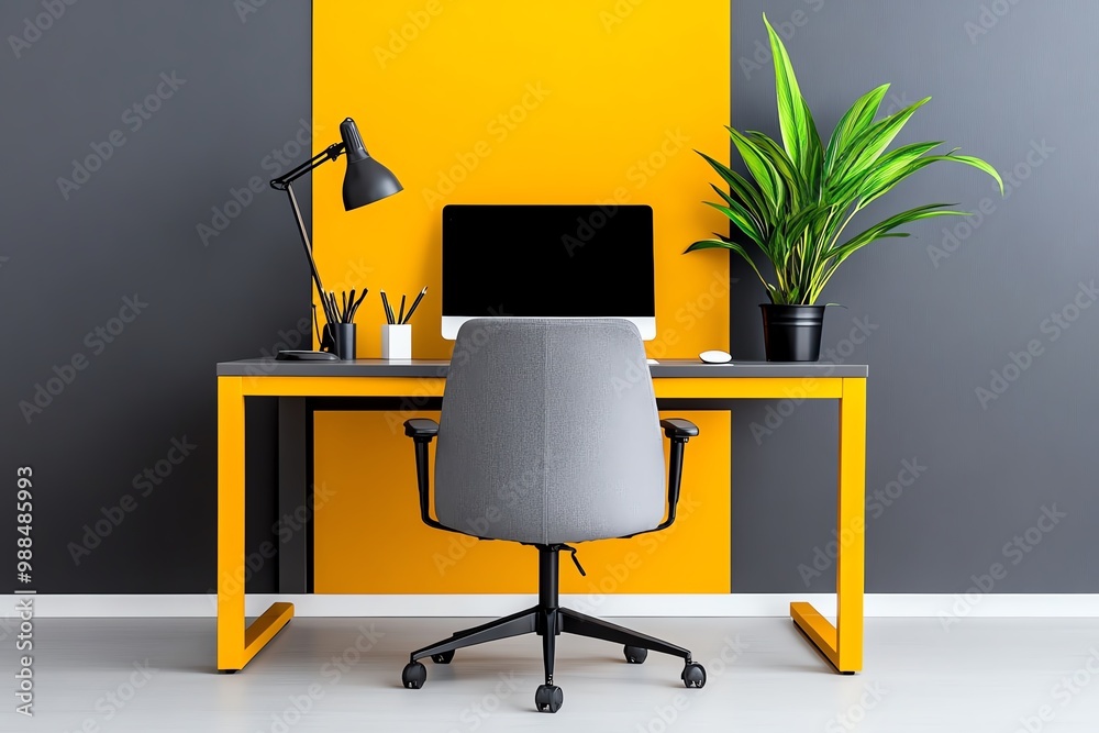 Aufkleber mustard yellow and grey color palette, used in a minimalist home office setup with clean lines and m