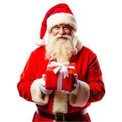 Santa Claus in hat standing with hands on gift on transparent background	
