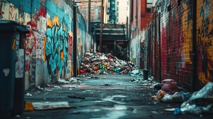 Obraz premium A Narrow Alleyway Filled with Graffiti and Rubbish