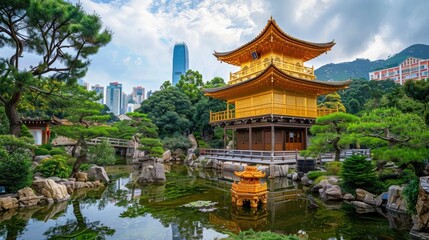 Fototapeta premium A traditional Japanese pagoda surrounded by lush greenery and a serene pond in the foreground