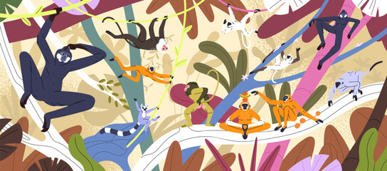 Obraz premium Funny monkeys play in jungle. Different exotic primates have fun, hanging on lianas in rainforest. Lemurs, macaques, marmosets sit on tropical palm trees. Happy wildlife. Flat vector illustration