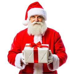 Santa Claus in hat standing with hands on gift on transparent background	
