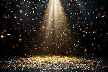 Golden Confetti Falling on a Black Background with Spotlights - Abstract Background