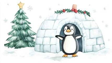 Fototapeta premium Watercolor penguin near christmas igloo 