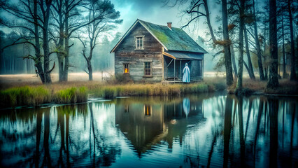 Obraz premium Eerie image of an abandoned house on a foggy lake, featuring a ghostly figure on the porch
