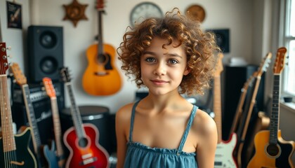 Young girl with curly hair smiles in a music room filled with guitars and speakers.