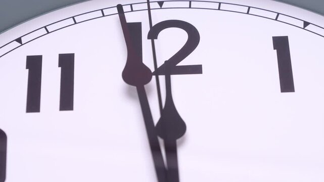 Close-up zoom-in White clock says it's almost noon, It's time to eat.